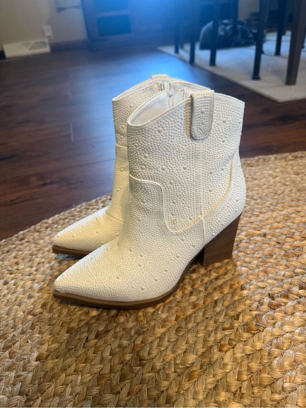 White Studded Western Ankle Boots - Women's Stylish Cowboy Bootie
